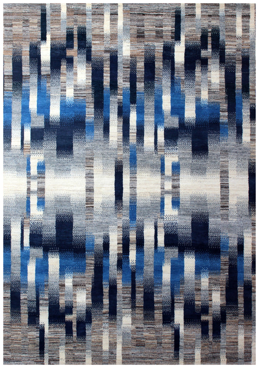 Blue Grey Modern Striped Wool Rug 5.6x8 - Hand Knotted Abstract