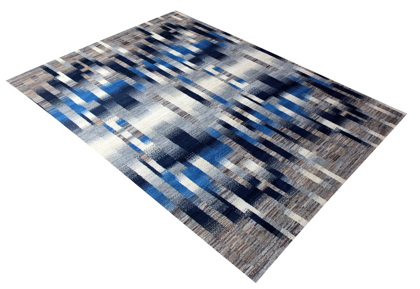 Blue Grey Modern Striped Wool Rug 5.6x8 - Hand Knotted Abstract