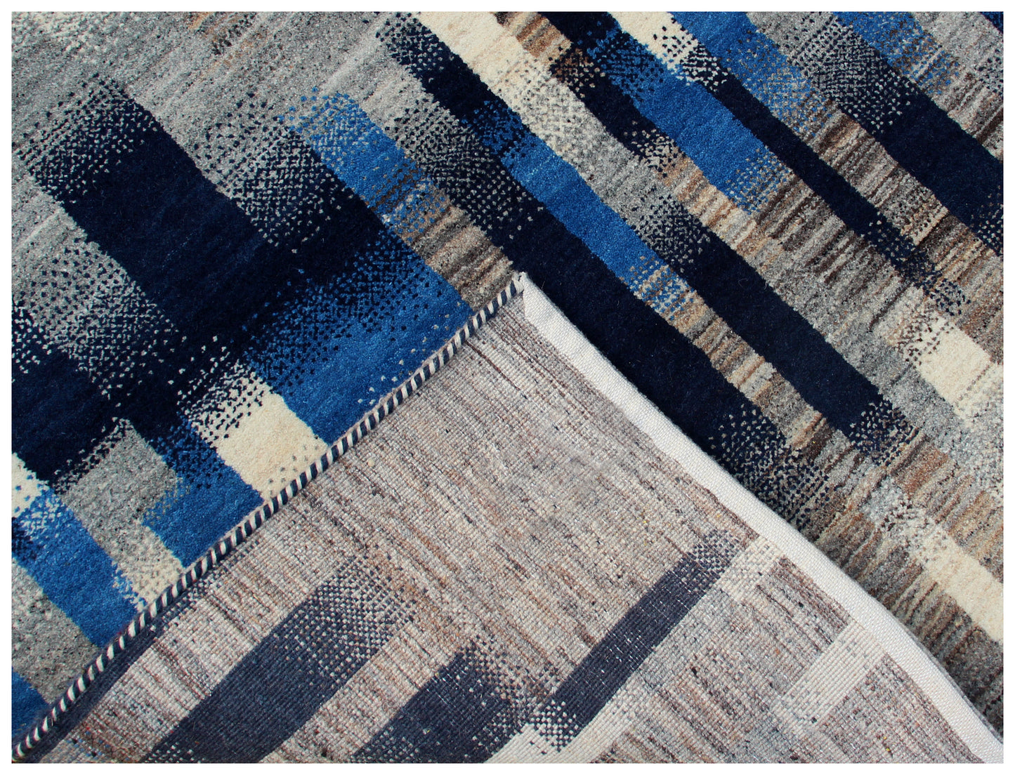 Blue Grey Modern Striped Wool Rug 5.6x8 - Hand Knotted Abstract
