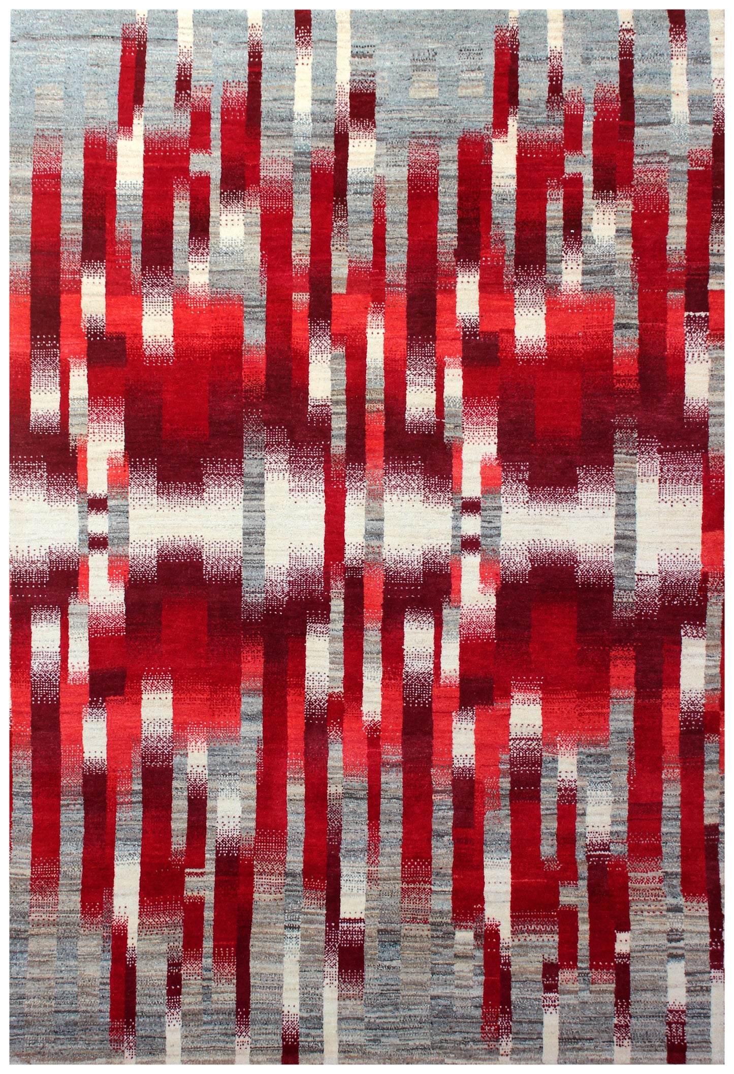 Red Grey Contemporary Striped Wool Rug 5.6x8 - Hand Knotted Abstract
