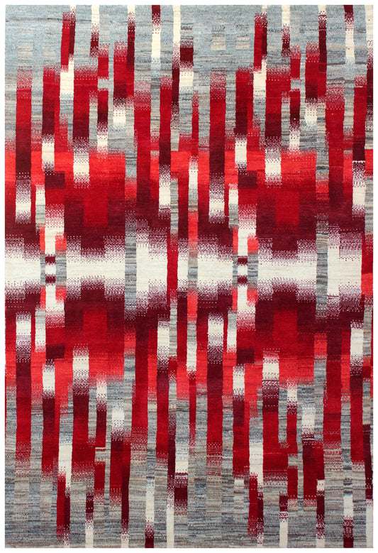 Red Grey Contemporary Striped Wool Rug 5.6x8 - Hand Knotted Abstract