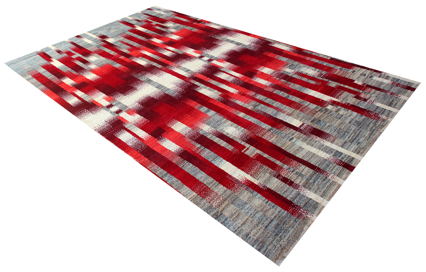 Red Grey Contemporary Striped Wool Rug 5.6x8 - Hand Knotted Abstract