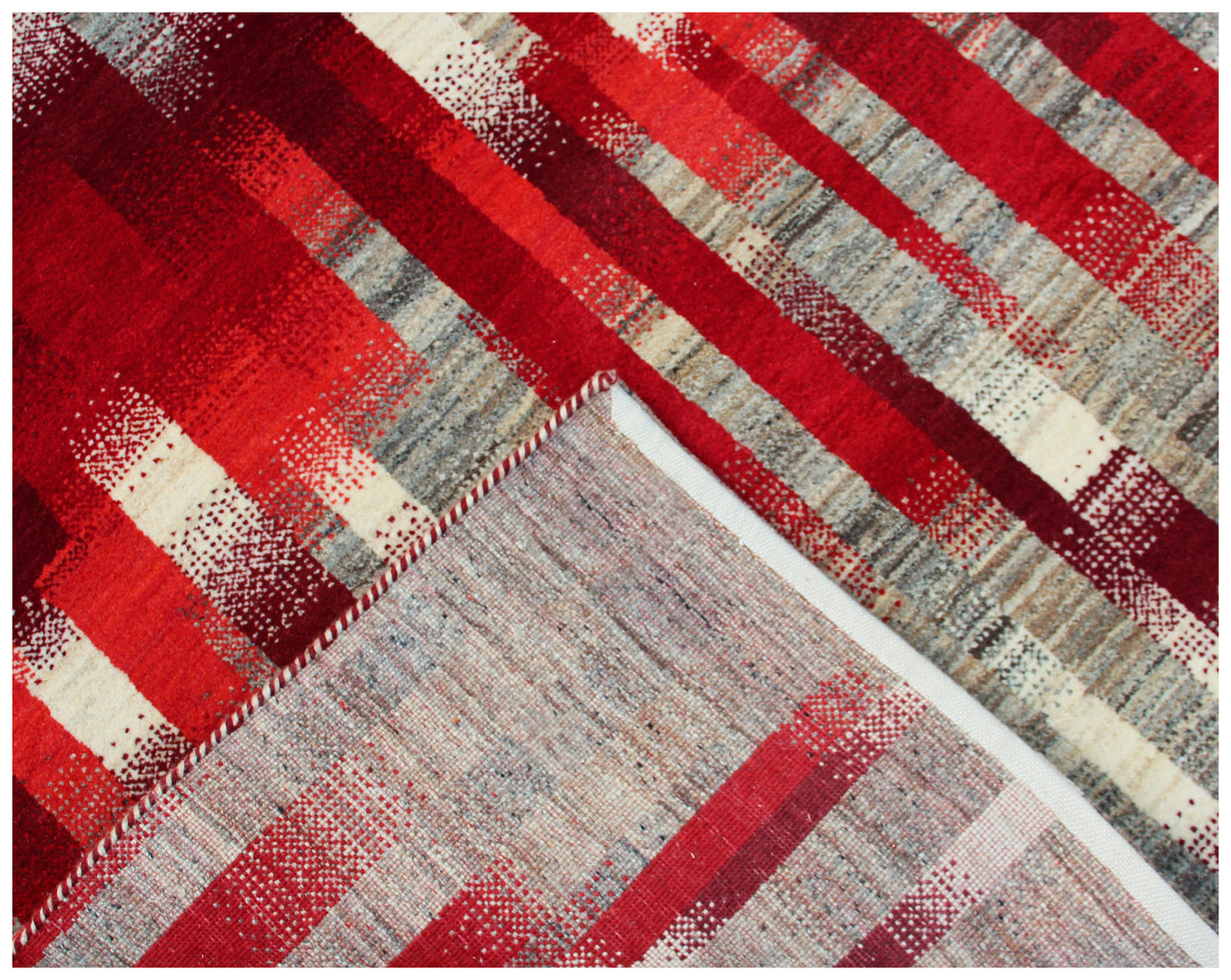 Red Grey Contemporary Striped Wool Rug 5.6x8 - Hand Knotted Abstract