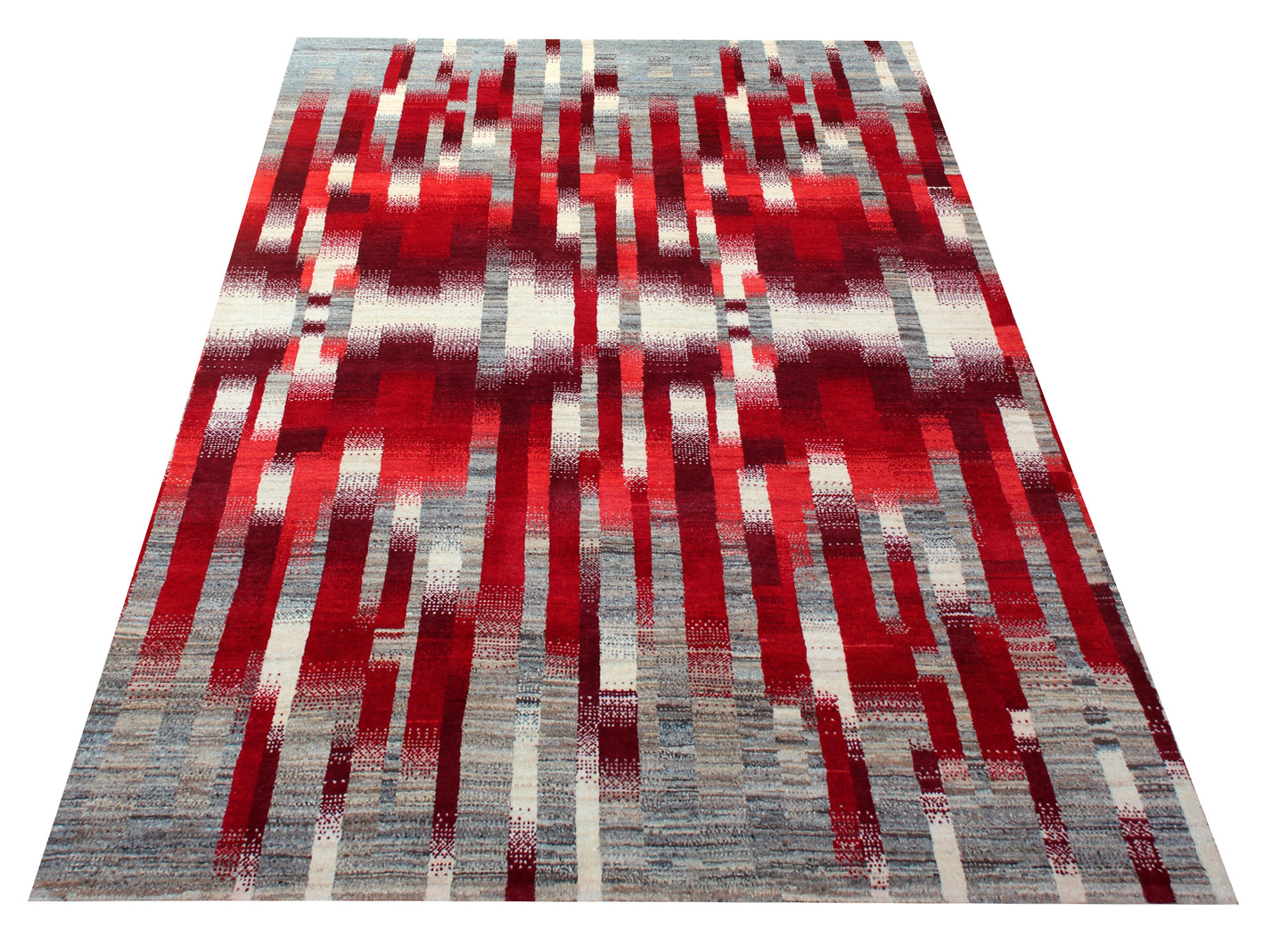 Red Grey Contemporary Striped Wool Rug 5.6x8 - Hand Knotted Abstract