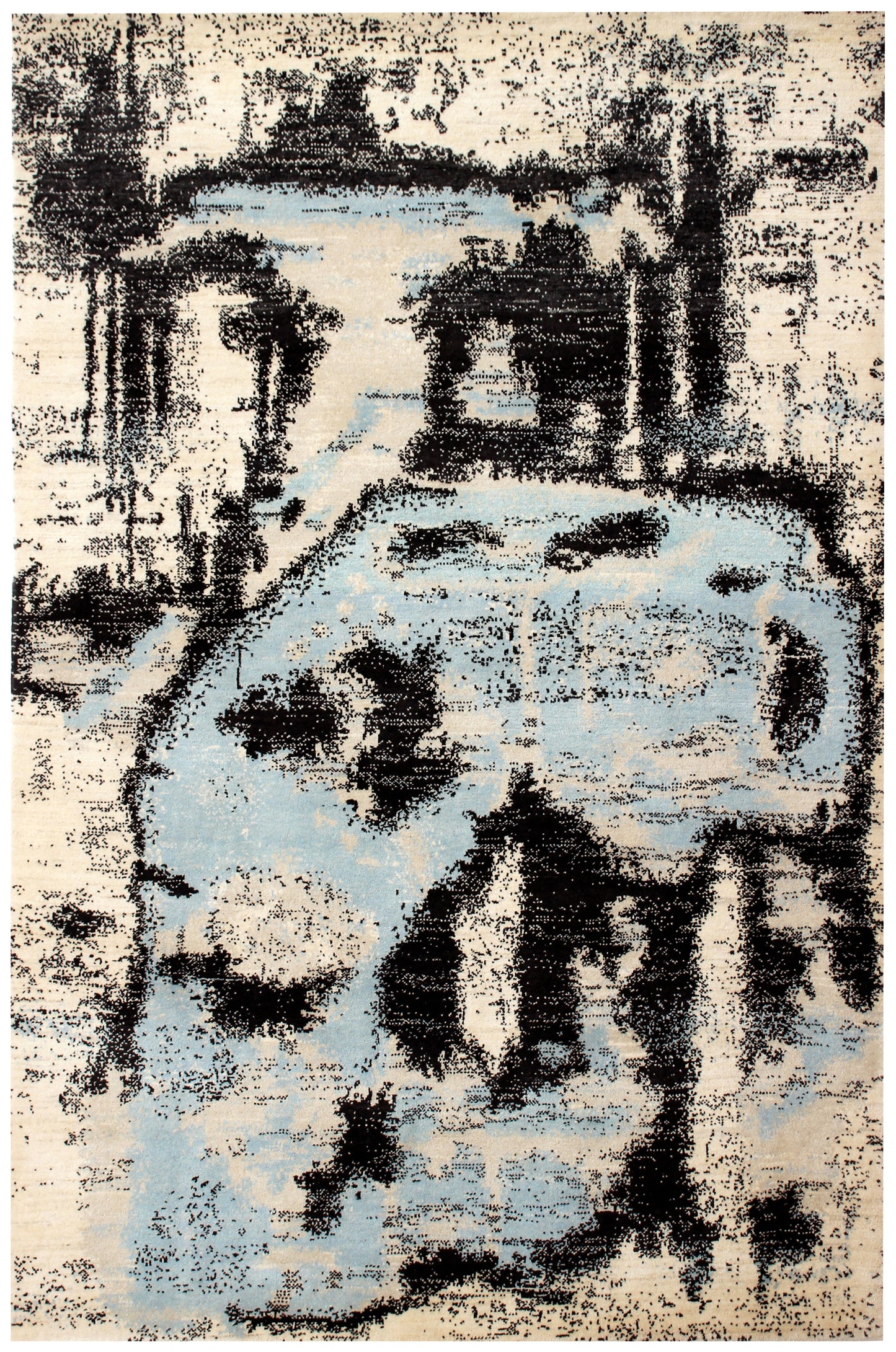 Hand Knotted Contemporary Abstract Wool Rug 5.6x8 Ivory Blue Black Distressed