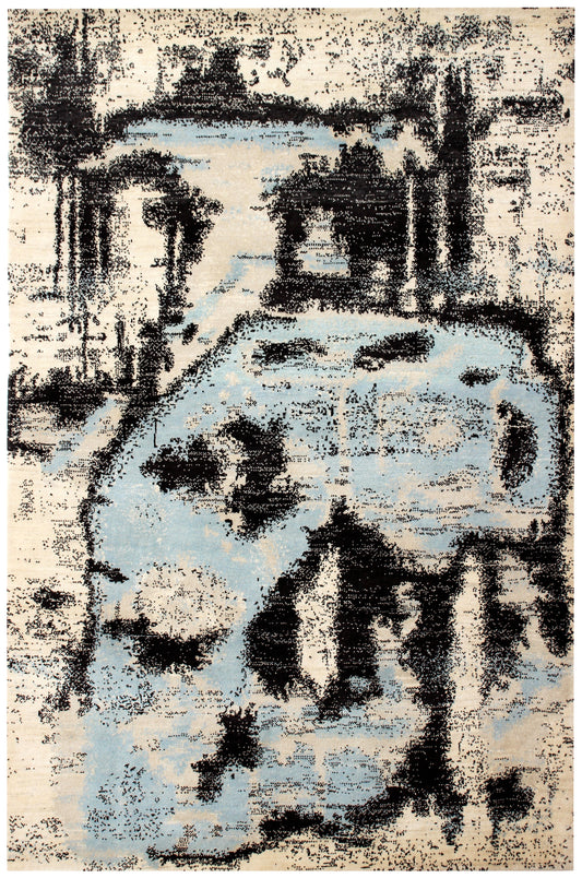 Hand Knotted Contemporary Abstract Wool Rug 5.6x8 Ivory Blue Black Distressed