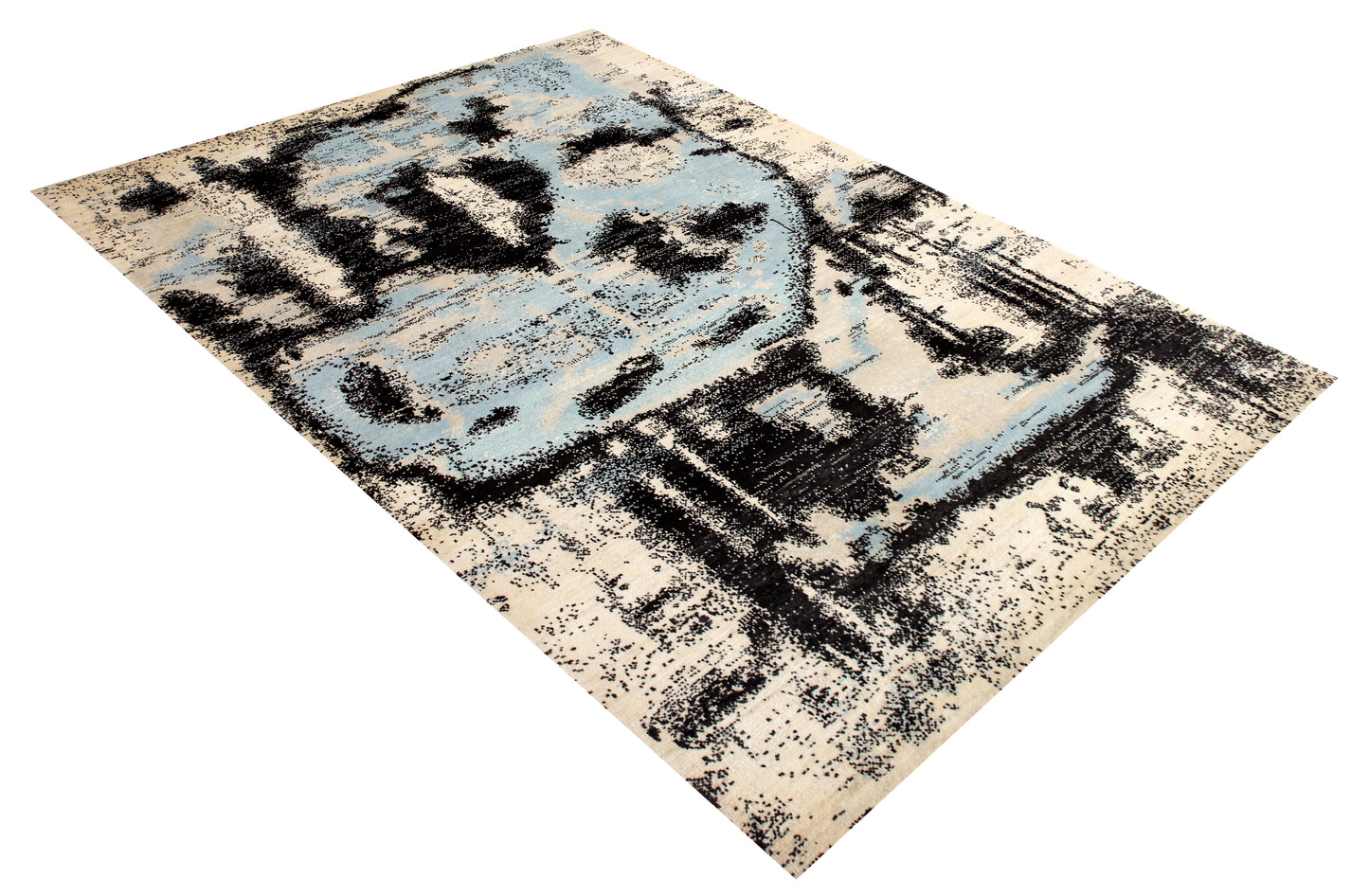 Hand Knotted Contemporary Abstract Wool Rug 5.6x8 Ivory Blue Black Distressed