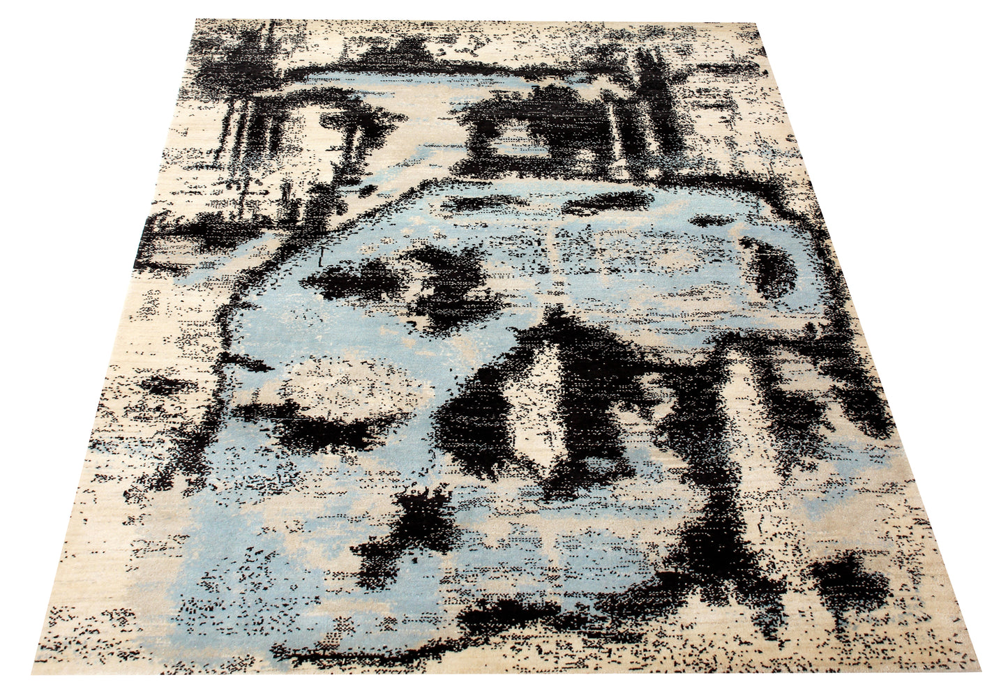 Hand Knotted Contemporary Abstract Wool Rug 5.6x8 Ivory Blue Black Distressed