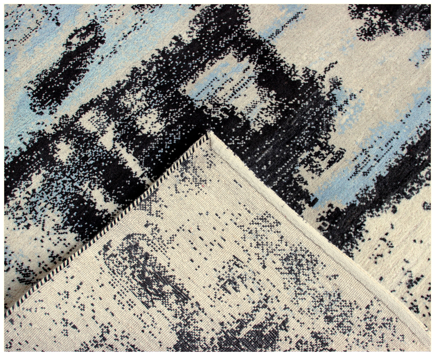 Hand Knotted Contemporary Abstract Wool Rug 5.6x8 Ivory Blue Black Distressed