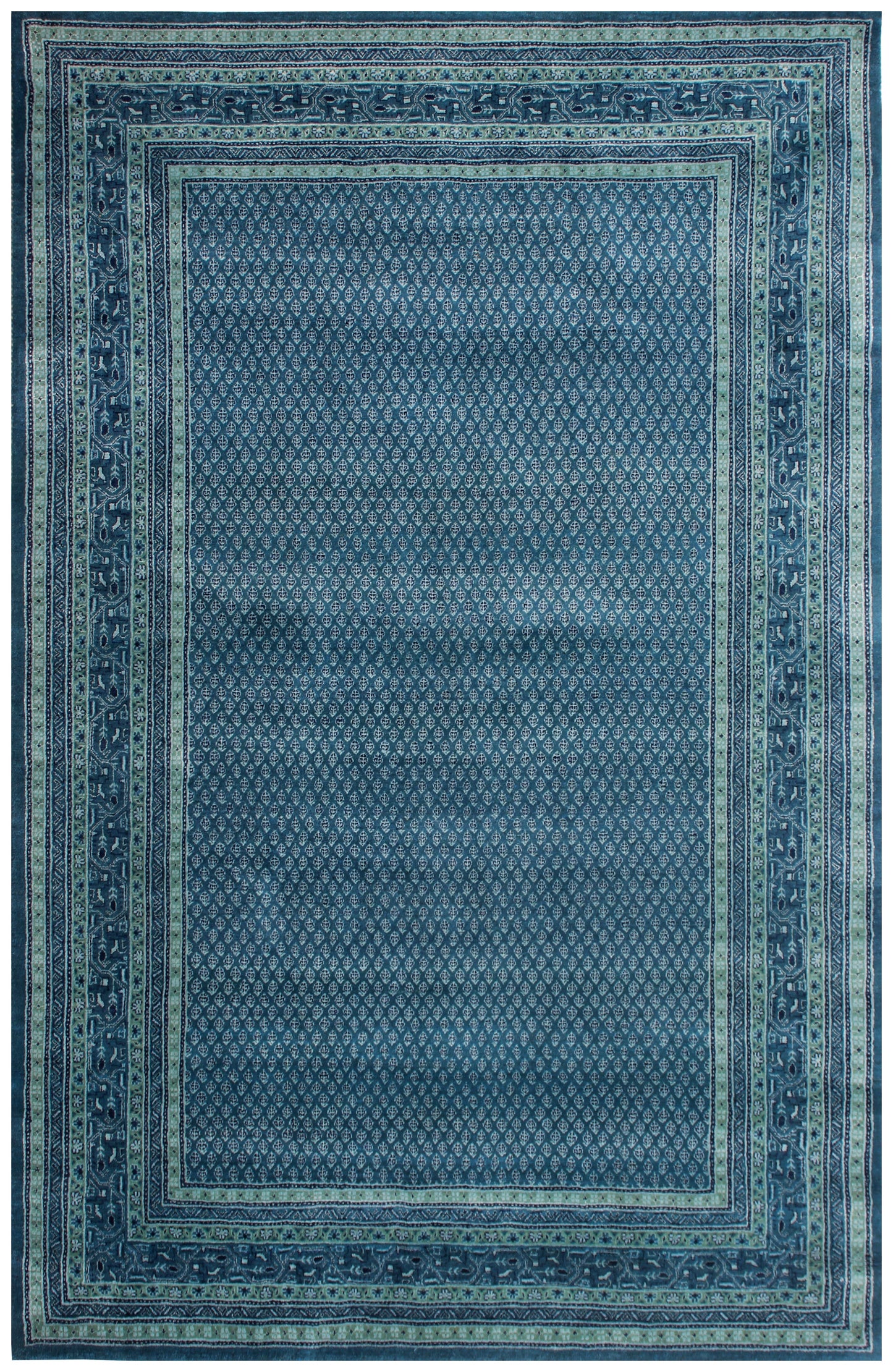 Fine Hand-Knotted Blue, Ivory & Green Modern Geometric Wool Area Rug – Available in 7x10 and 8x10 Sizes.