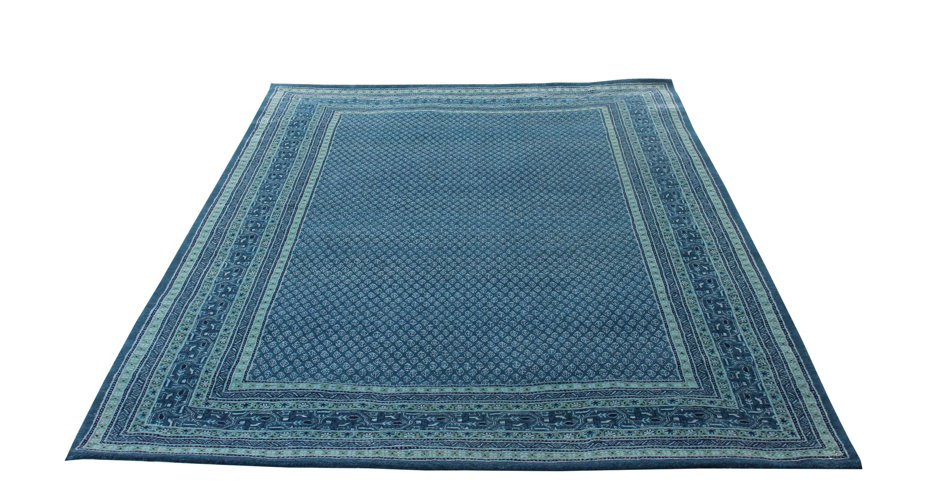Fine Hand-Knotted Blue, Ivory & Green Modern Geometric Wool Area Rug – Available in 7x10 and 8x10 Sizes.