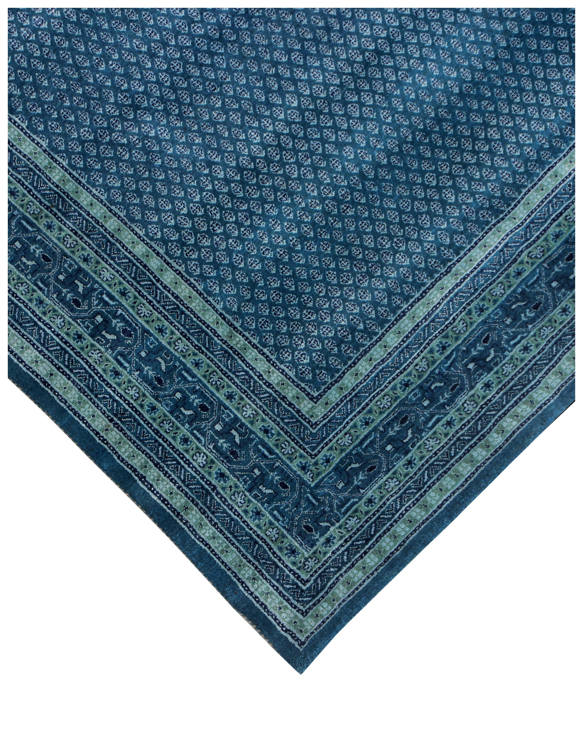 Fine Hand-Knotted Blue, Ivory & Green Modern Geometric Wool Area Rug – Available in 7x10 and 8x10 Sizes.