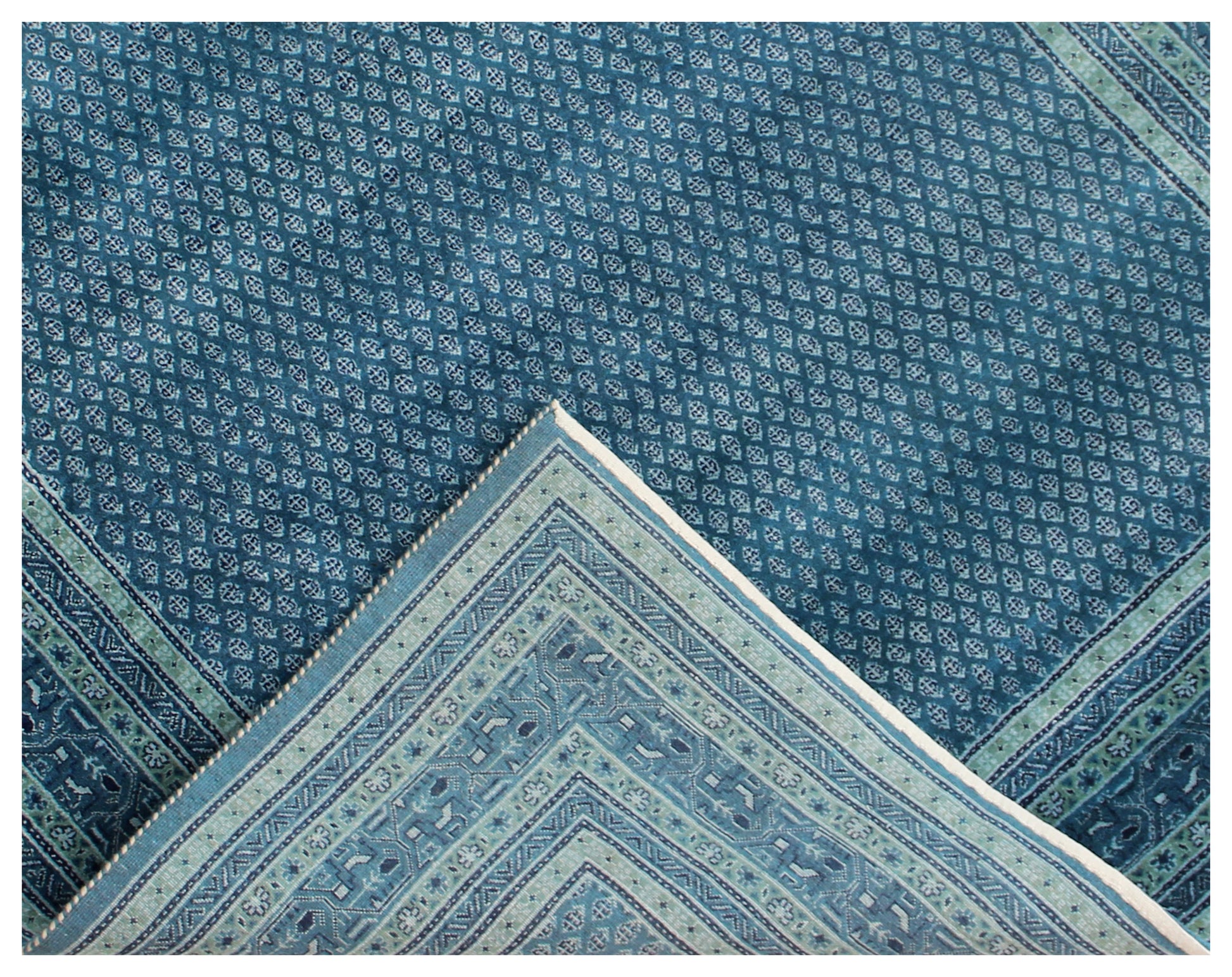 Fine Hand-Knotted Blue, Ivory & Green Modern Geometric Wool Area Rug – Available in 7x10 and 8x10 Sizes.