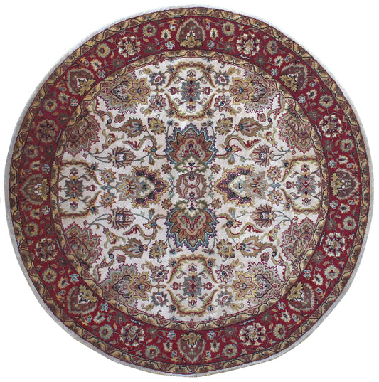 Ivory Cream Crimson Rust Taupe Persian Tabriz Floral Hand Knotted Wool 6x6 Round Bhadohi Area Rug