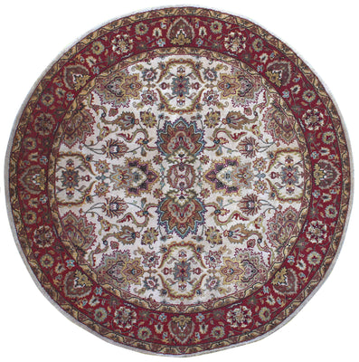 Ivory Cream Crimson Rust Taupe Persian Tabriz Floral Hand Knotted Wool 6x6 Round Bhadohi Area Rug