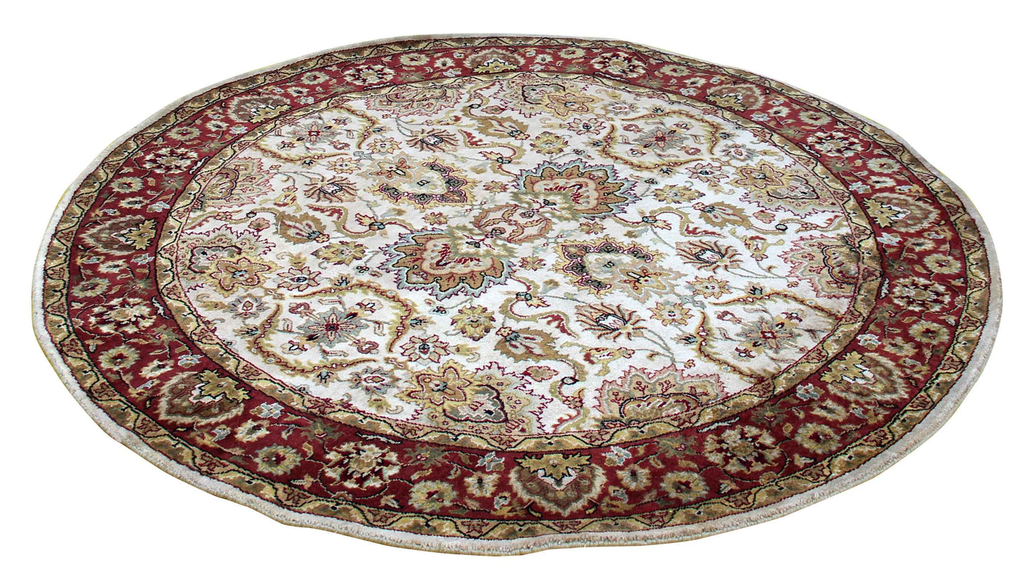 Ivory Cream Crimson Rust Taupe Persian Tabriz Floral Hand Knotted Wool 6x6 Round Bhadohi Area Rug