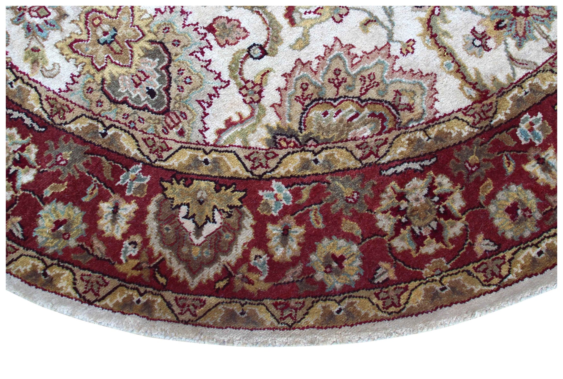 Ivory Cream Crimson Rust Taupe Persian Tabriz Floral Hand Knotted Wool 6x6 Round Bhadohi Area Rug