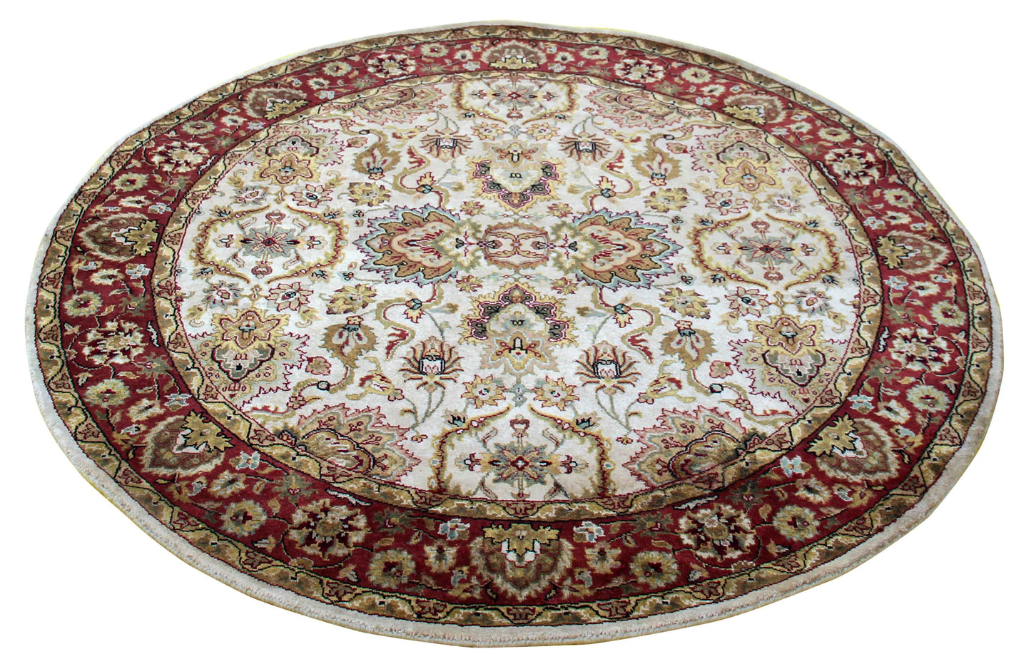 Ivory Cream Crimson Rust Taupe Persian Tabriz Floral Hand Knotted Wool 6x6 Round Bhadohi Area Rug