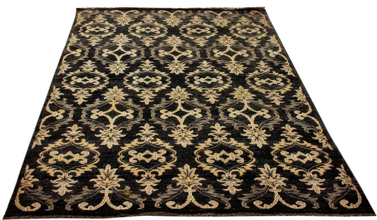 Charcoal Grey Beige 6x9 Wool Area Rug - Hand Knotted Vintage Antique European Scrolling Floral
