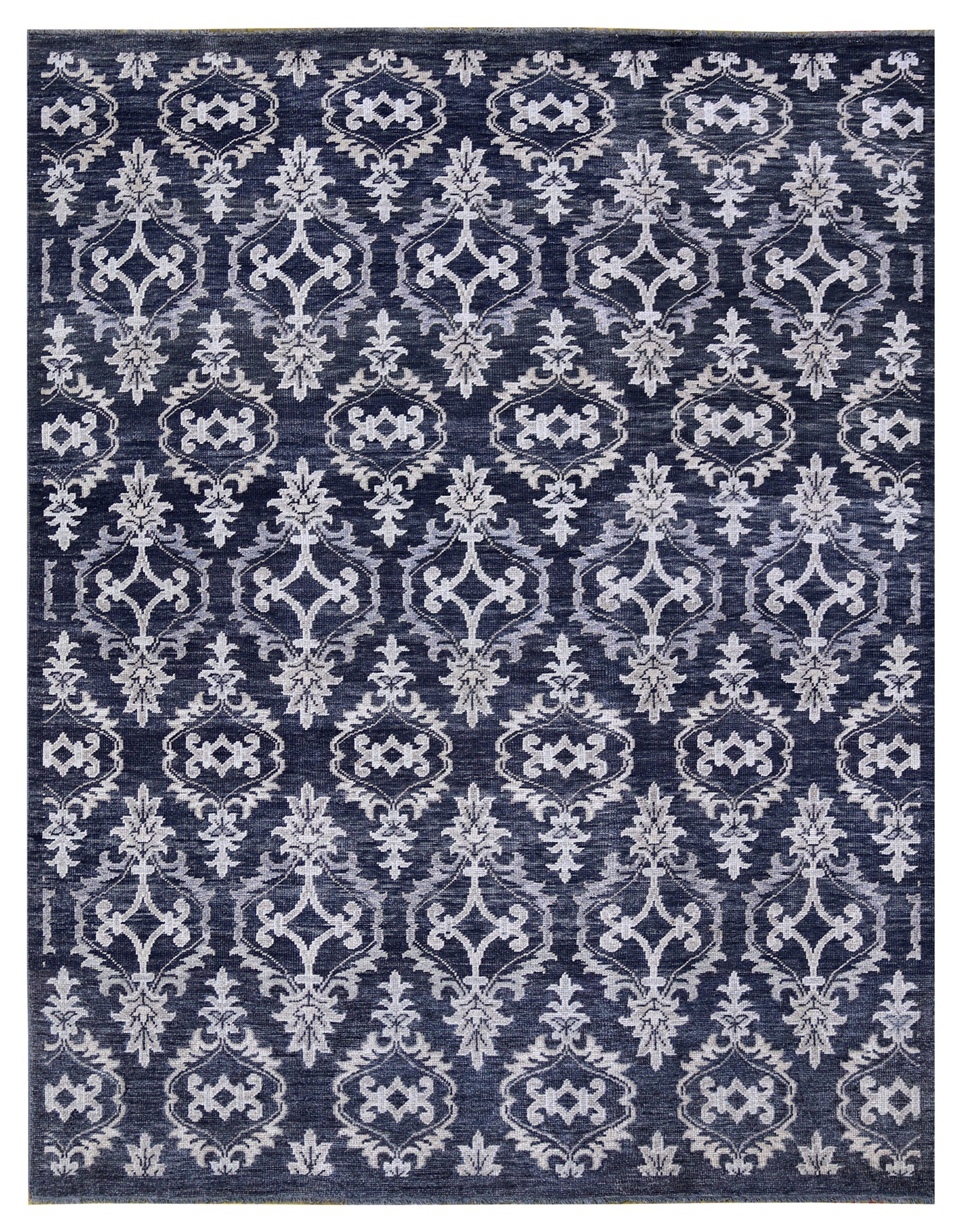 Navy Ivory Ikat Arabesque Ogee Trellis Wool Viscose Hand Knotted Modern 8x10 Area Rug