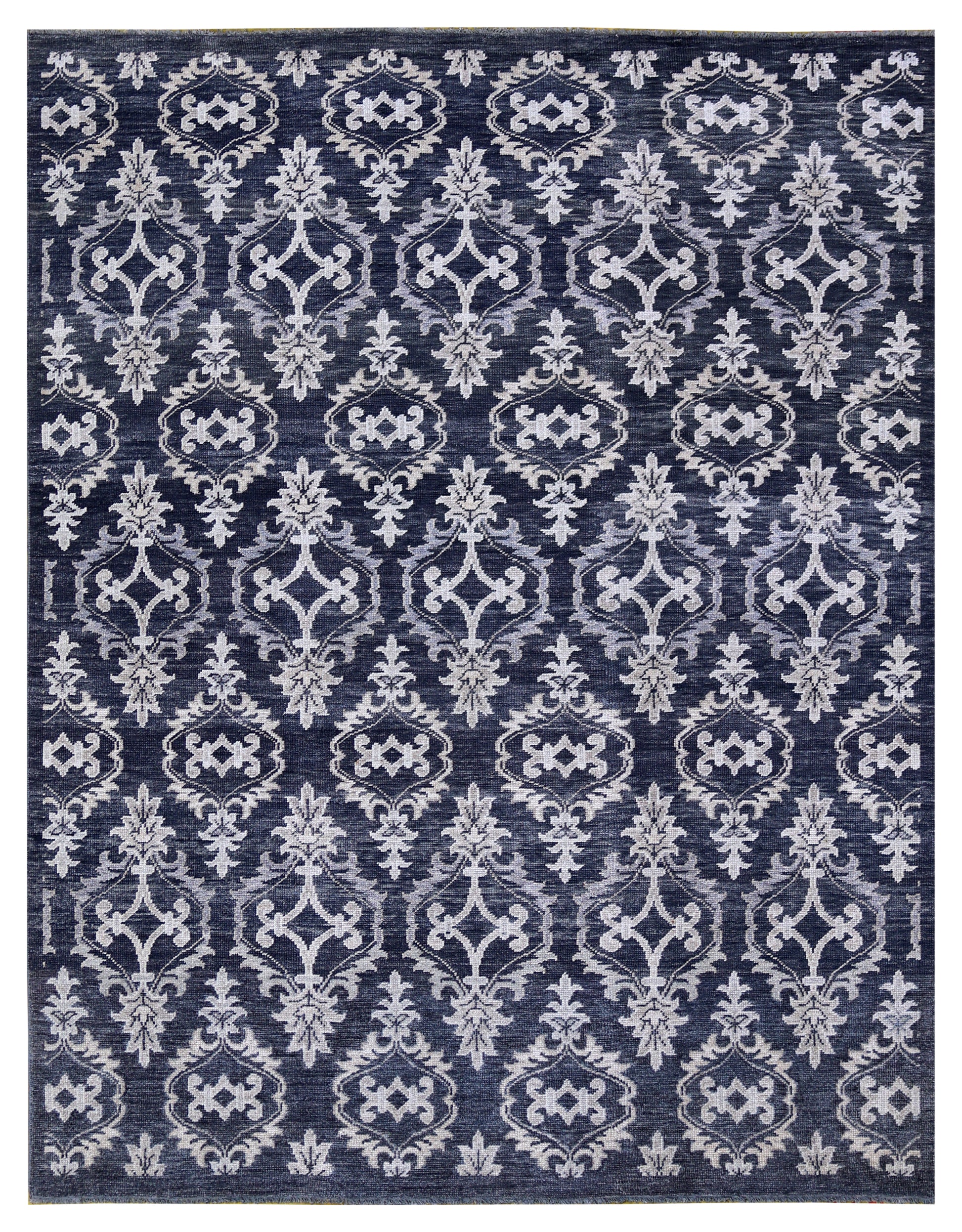 Navy Ivory Ikat Arabesque Ogee Trellis Wool Viscose Hand Knotted Modern 8x10 Area Rug