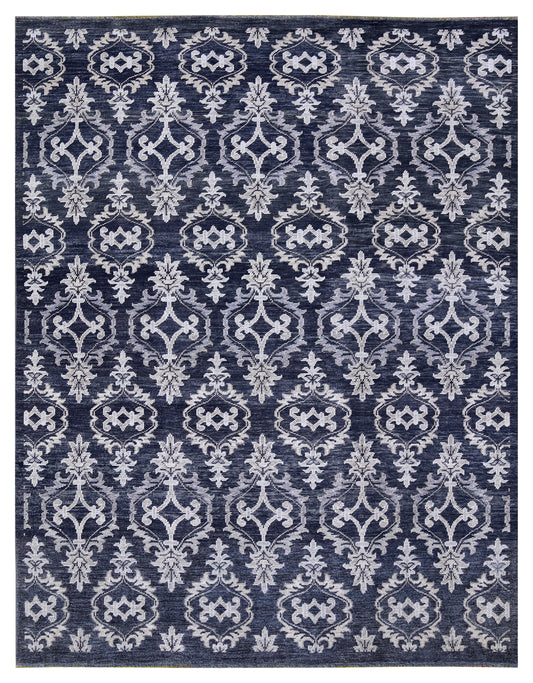 Navy Ivory Ikat Arabesque Ogee Trellis Wool Viscose Hand Knotted Modern 8x10 Area Rug