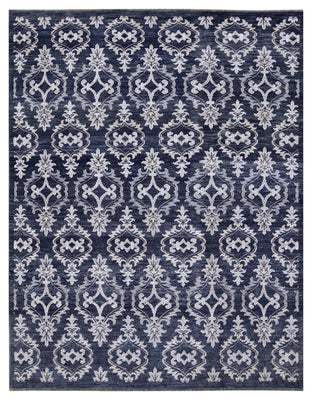 Navy Ivory Ikat Arabesque Ogee Trellis Wool Viscose Hand Knotted Modern 8x10 Area Rug