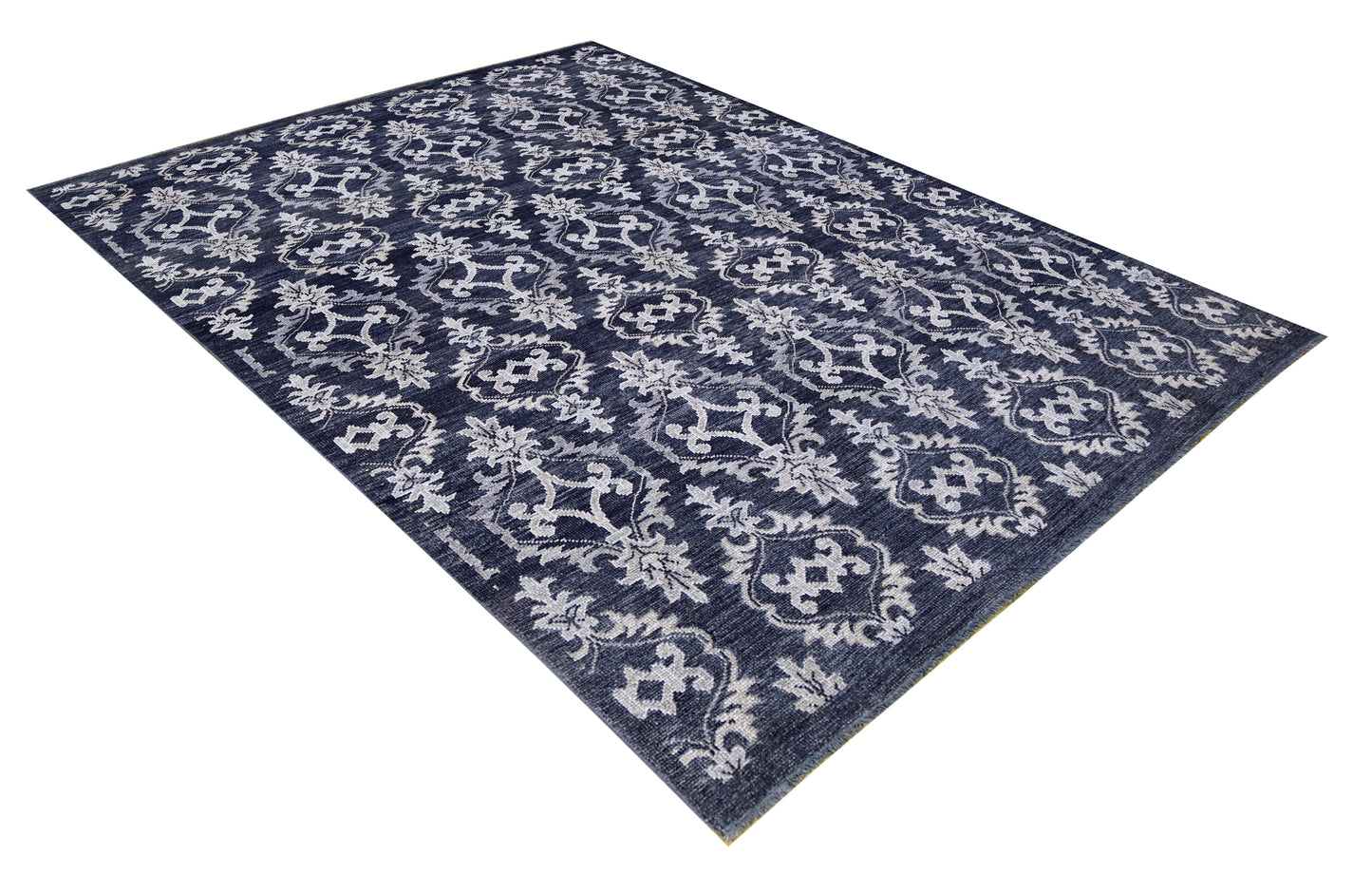 Navy Ivory Ikat Arabesque Ogee Trellis Wool Viscose Hand Knotted Modern 8x10 Area Rug
