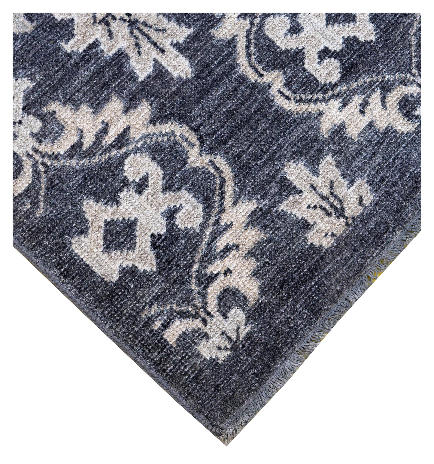 Navy Ivory Ikat Arabesque Ogee Trellis Wool Viscose Hand Knotted Modern 8x10 Area Rug