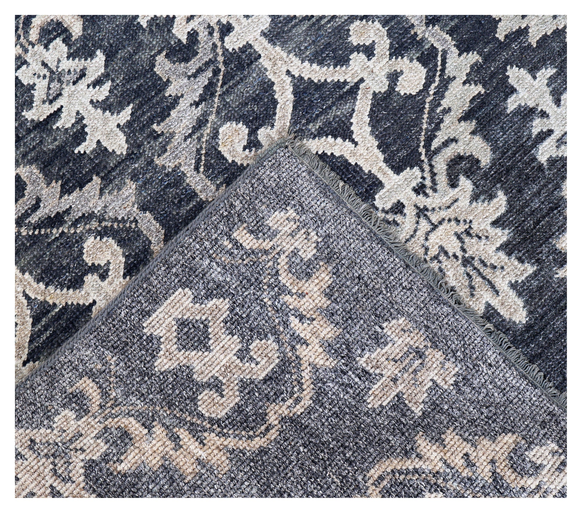 Navy Ivory Ikat Arabesque Ogee Trellis Wool Viscose Hand Knotted Modern 8x10 Area Rug