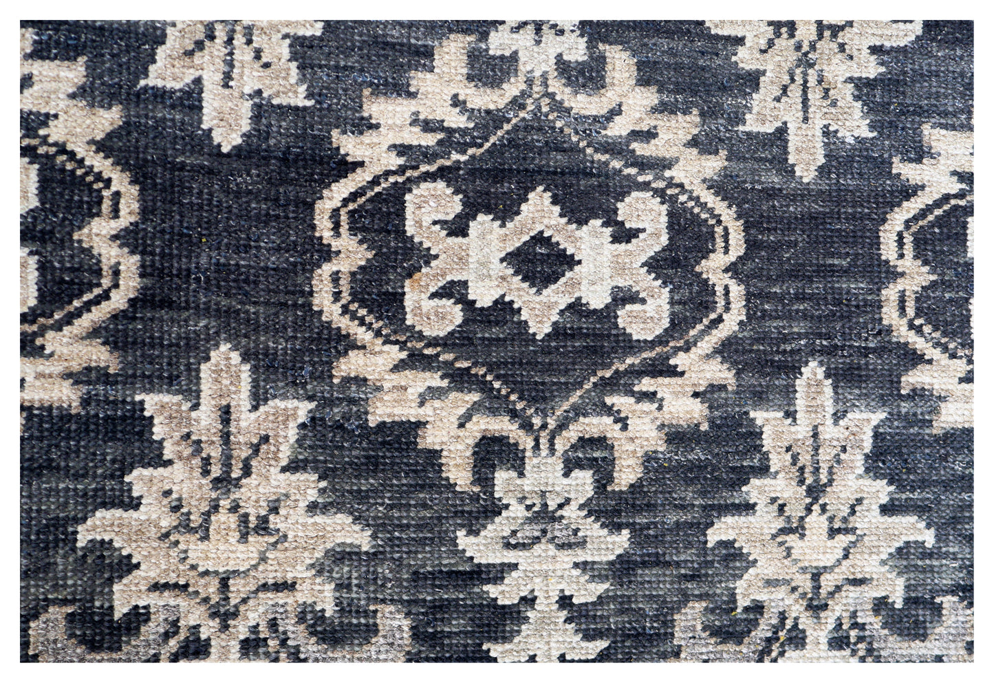 Navy Ivory Ikat Arabesque Ogee Trellis Wool Viscose Hand Knotted Modern 8x10 Area Rug