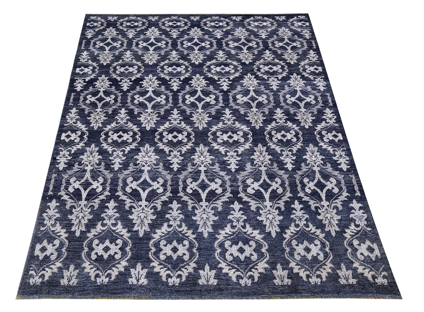 Navy Ivory Ikat Arabesque Ogee Trellis Wool Viscose Hand Knotted Modern 8x10 Area Rug