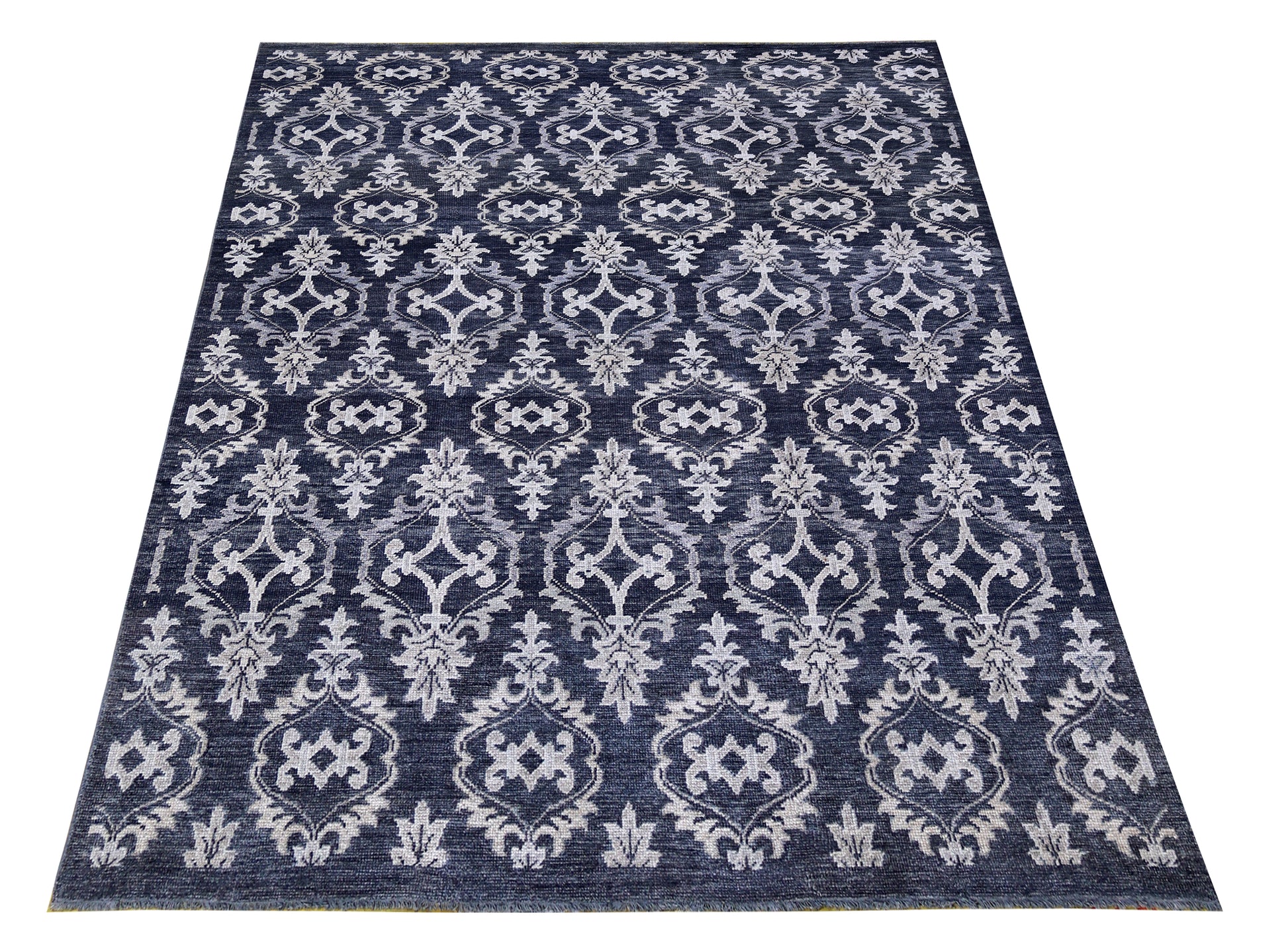 Navy Ivory Ikat Arabesque Ogee Trellis Wool Viscose Hand Knotted Modern 8x10 Area Rug