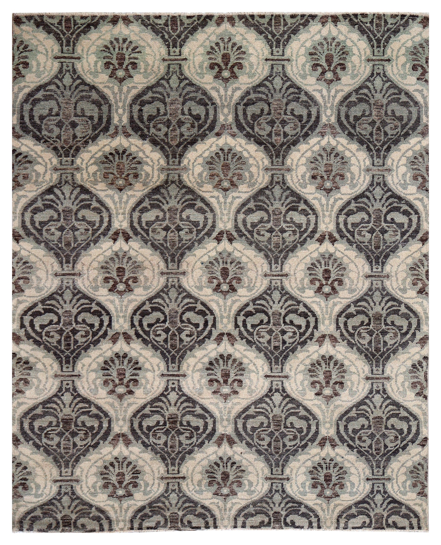 Ivory Silver Charcoal Brown Damask Ogee Trellis Floral Hand Knotted Wool Viscose 8x10 Bhadohi Area Rug