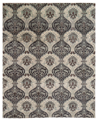 Ivory Silver Charcoal Brown Damask Ogee Trellis Floral Hand Knotted Wool Viscose 8x10 Bhadohi Area Rug