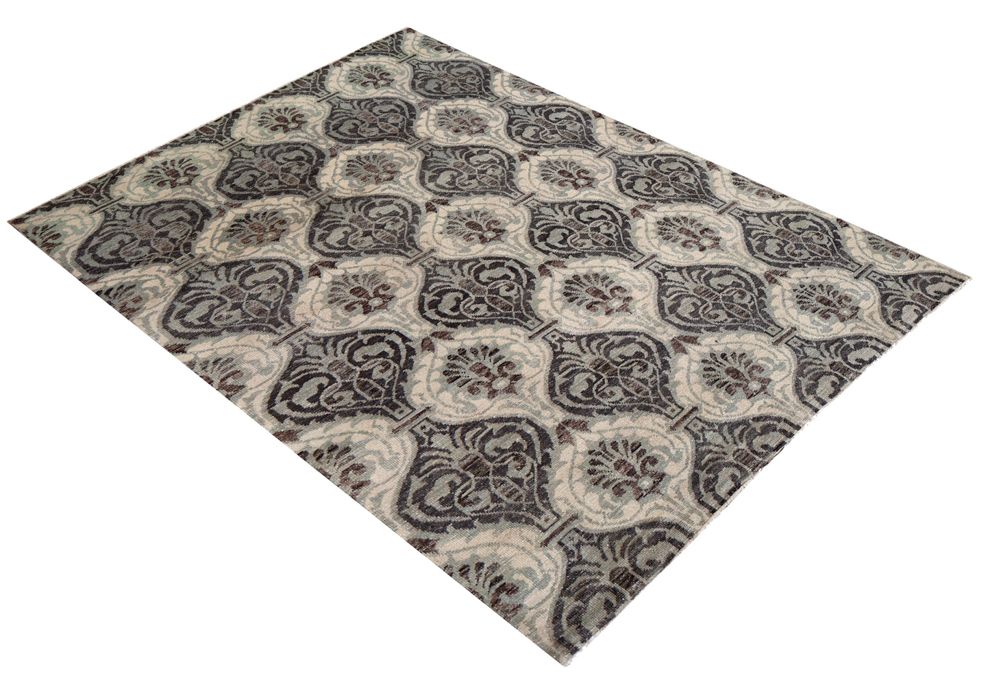 Ivory Silver Charcoal Brown Damask Ogee Trellis Floral Hand Knotted Wool Viscose 8x10 Bhadohi Area Rug