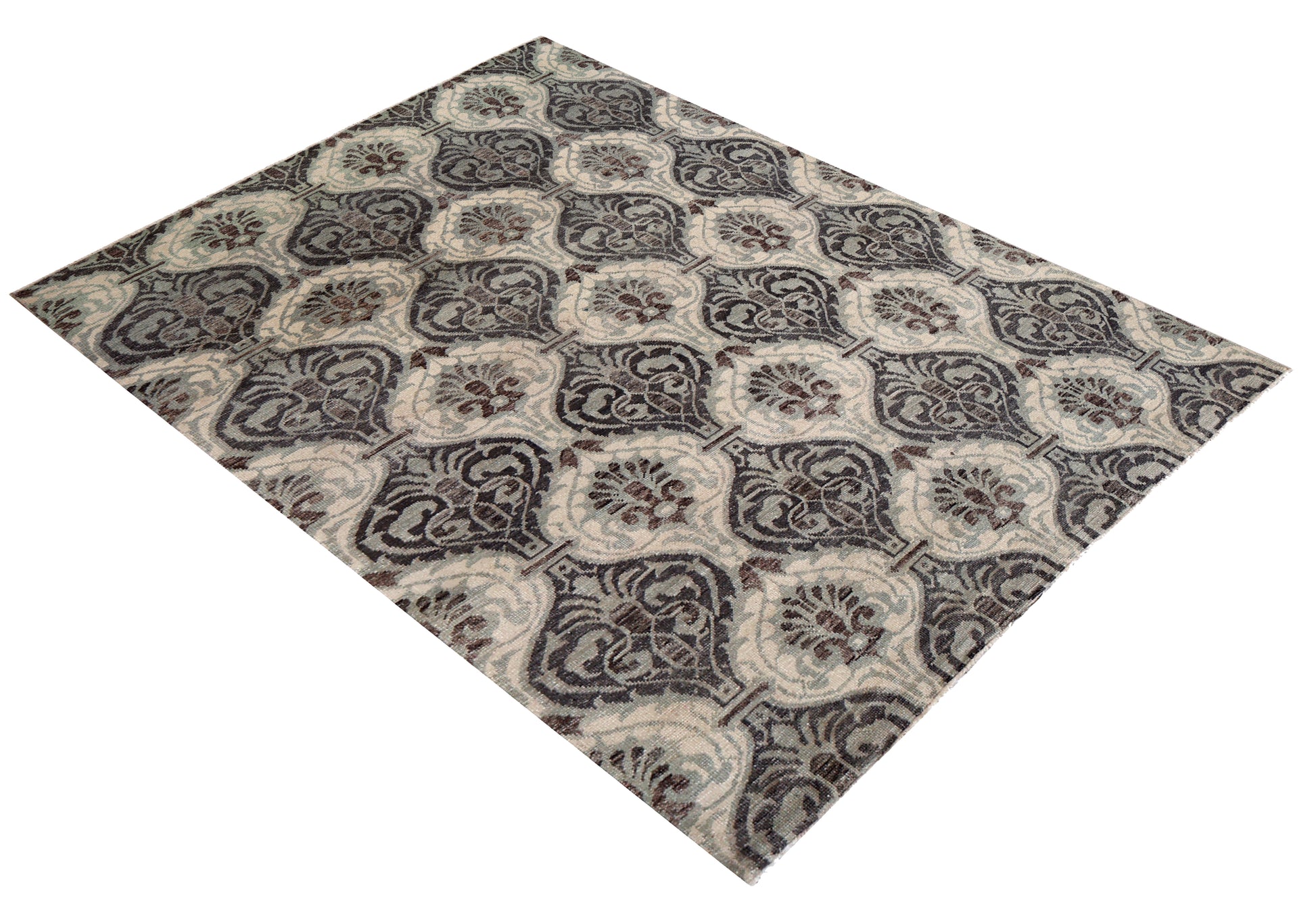Ivory Silver Charcoal Brown Damask Ogee Trellis Floral Hand Knotted Wool Viscose 8x10 Bhadohi Area Rug