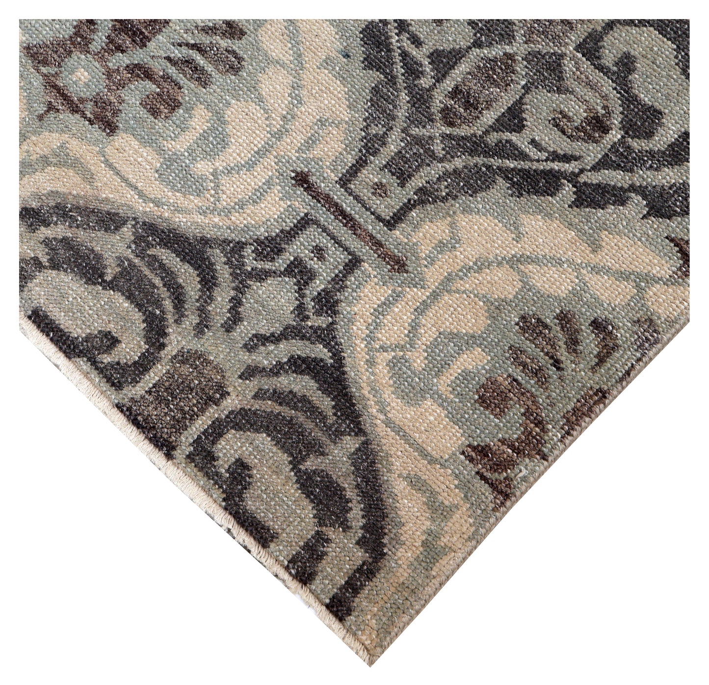 Ivory Silver Charcoal Brown Damask Ogee Trellis Floral Hand Knotted Wool Viscose 8x10 Bhadohi Area Rug