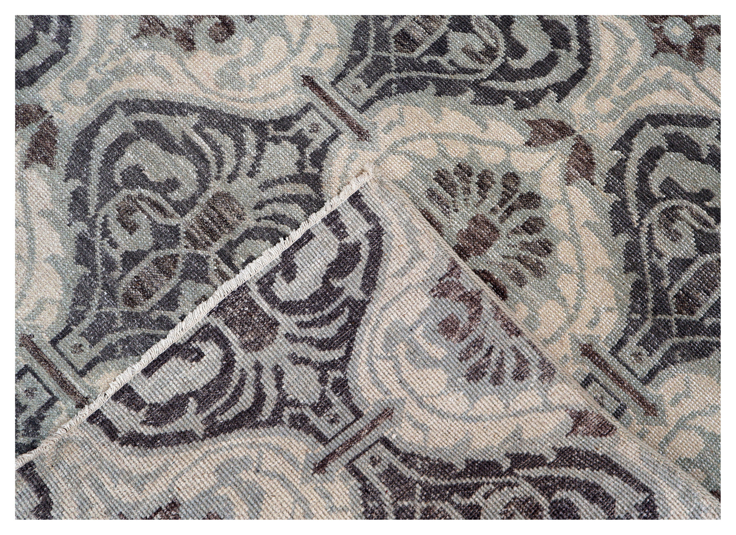 Ivory Silver Charcoal Brown Damask Ogee Trellis Floral Hand Knotted Wool Viscose 8x10 Bhadohi Area Rug