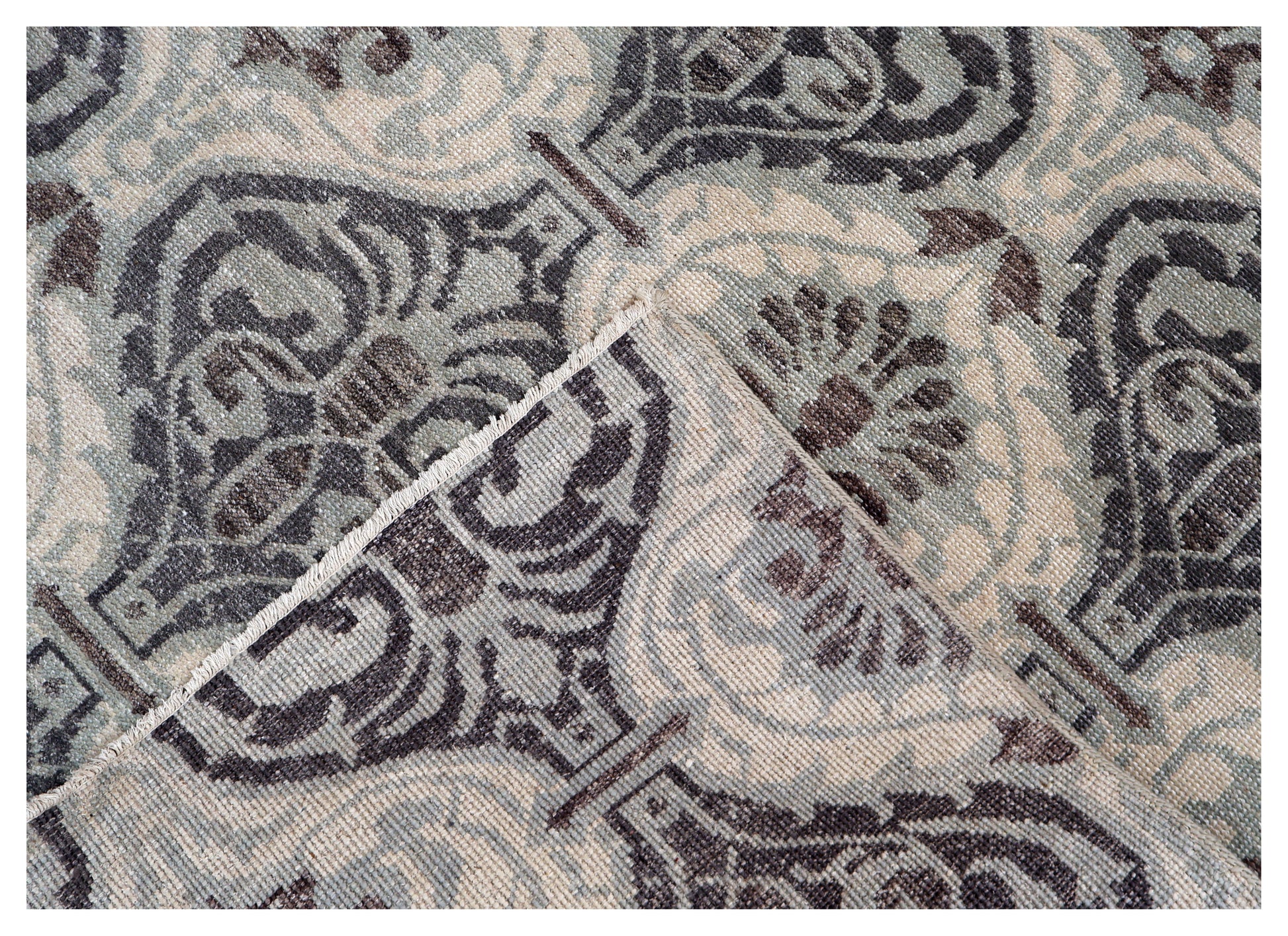 Ivory Silver Charcoal Brown Damask Ogee Trellis Floral Hand Knotted Wool Viscose 8x10 Bhadohi Area Rug