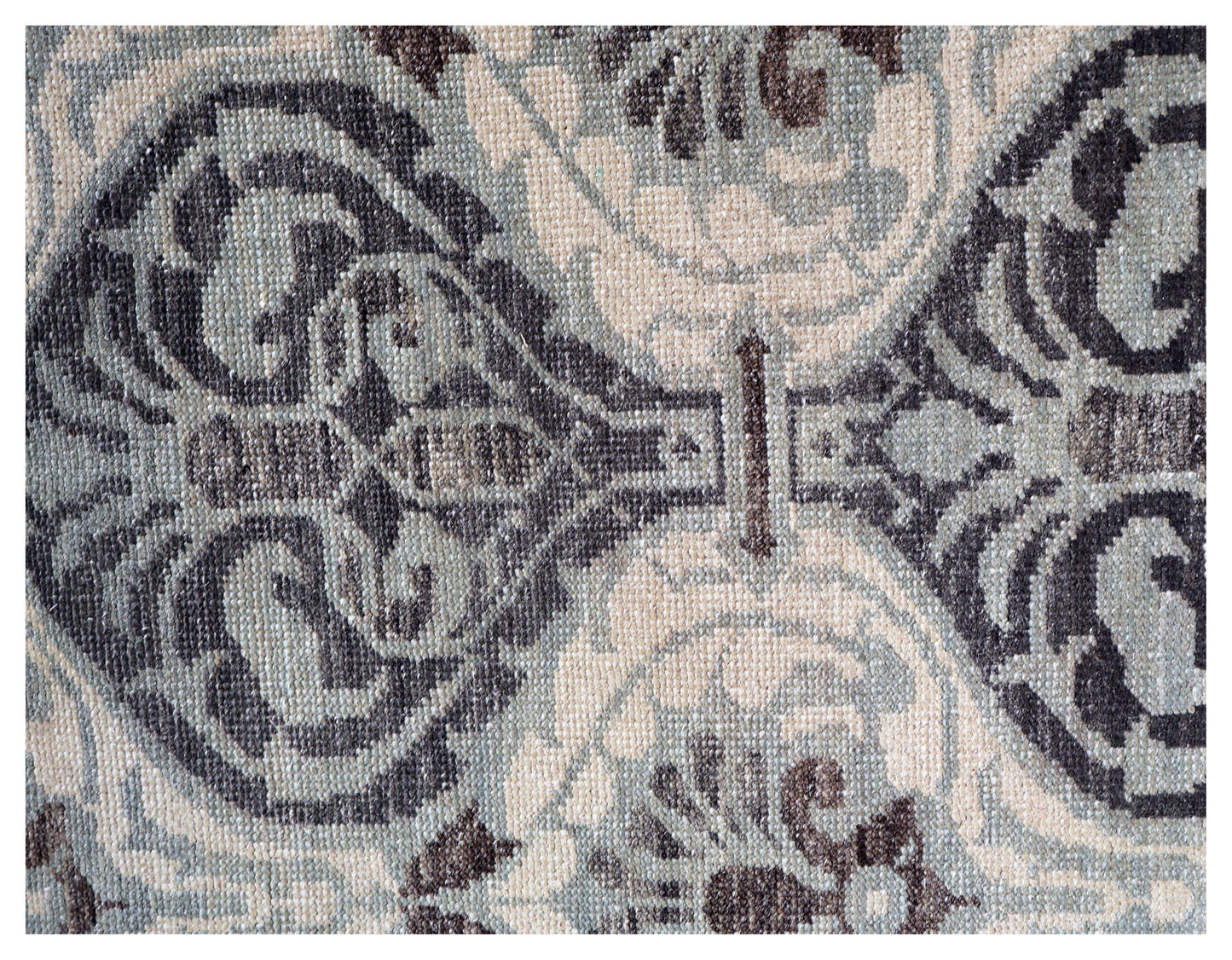 Ivory Silver Charcoal Brown Damask Ogee Trellis Floral Hand Knotted Wool Viscose 8x10 Bhadohi Area Rug