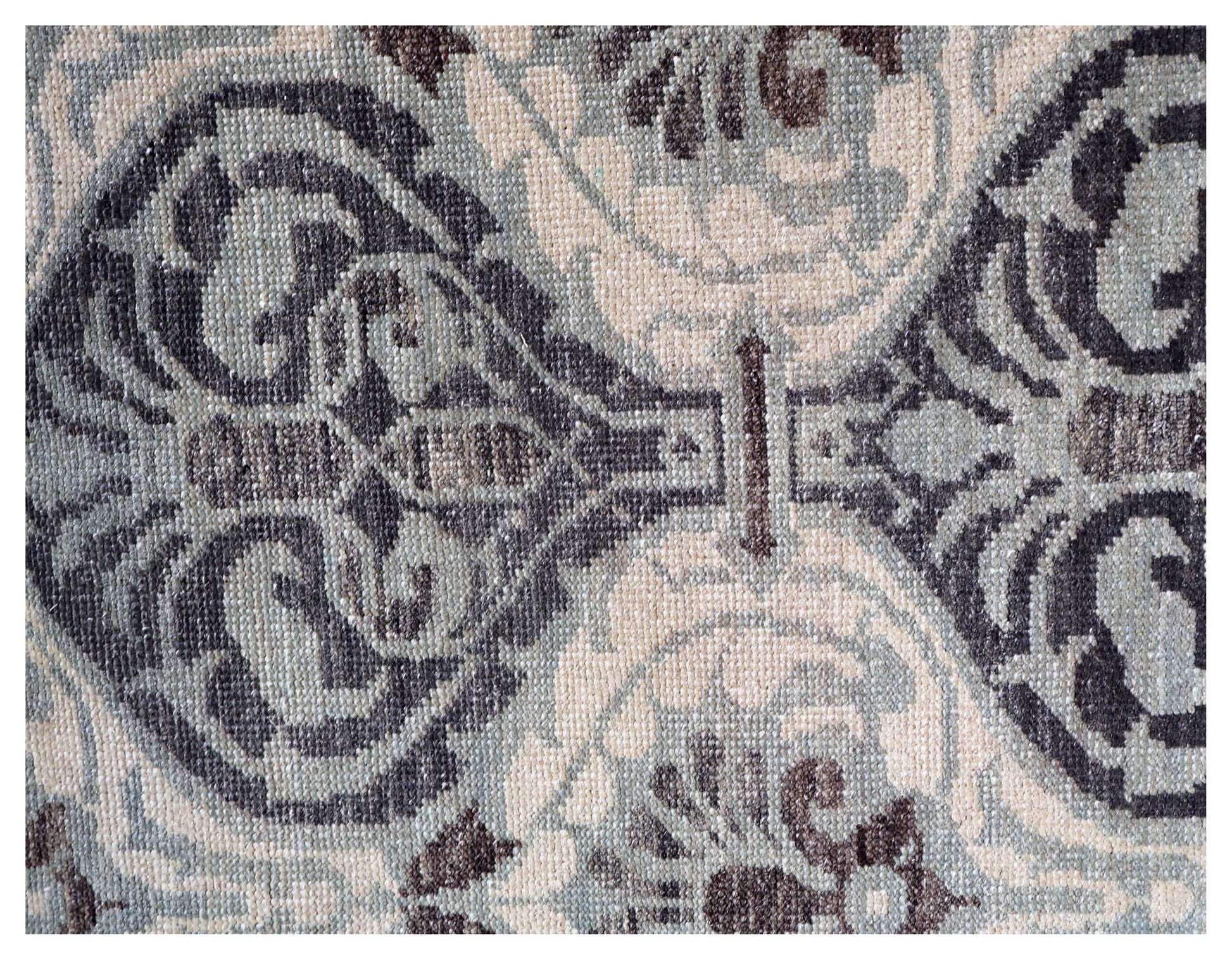 Ivory Silver Charcoal Brown Damask Ogee Trellis Floral Hand Knotted Wool Viscose 8x10 Bhadohi Area Rug