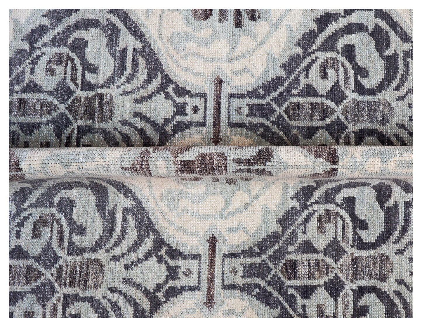 Ivory Silver Charcoal Brown Damask Ogee Trellis Floral Hand Knotted Wool Viscose 8x10 Bhadohi Area Rug