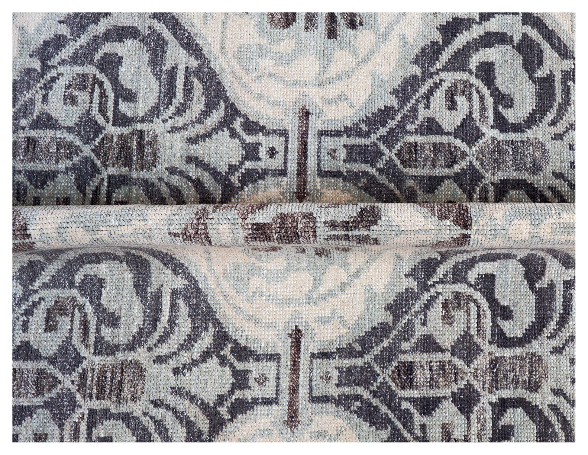 Ivory Silver Charcoal Brown Damask Ogee Trellis Floral Hand Knotted Wool Viscose 8x10 Bhadohi Area Rug