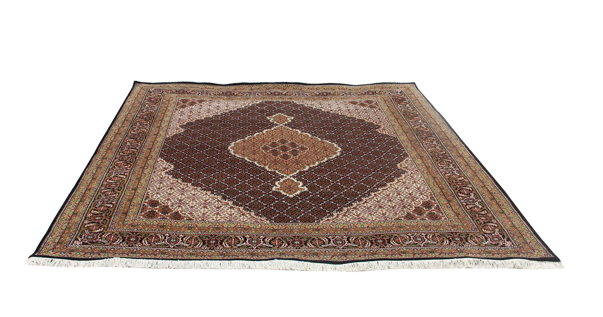 Custom made Fine Hand Knotted Premium look Gold, Brown, Black and Ivory Traditional Heriz medallion design wool area rug.