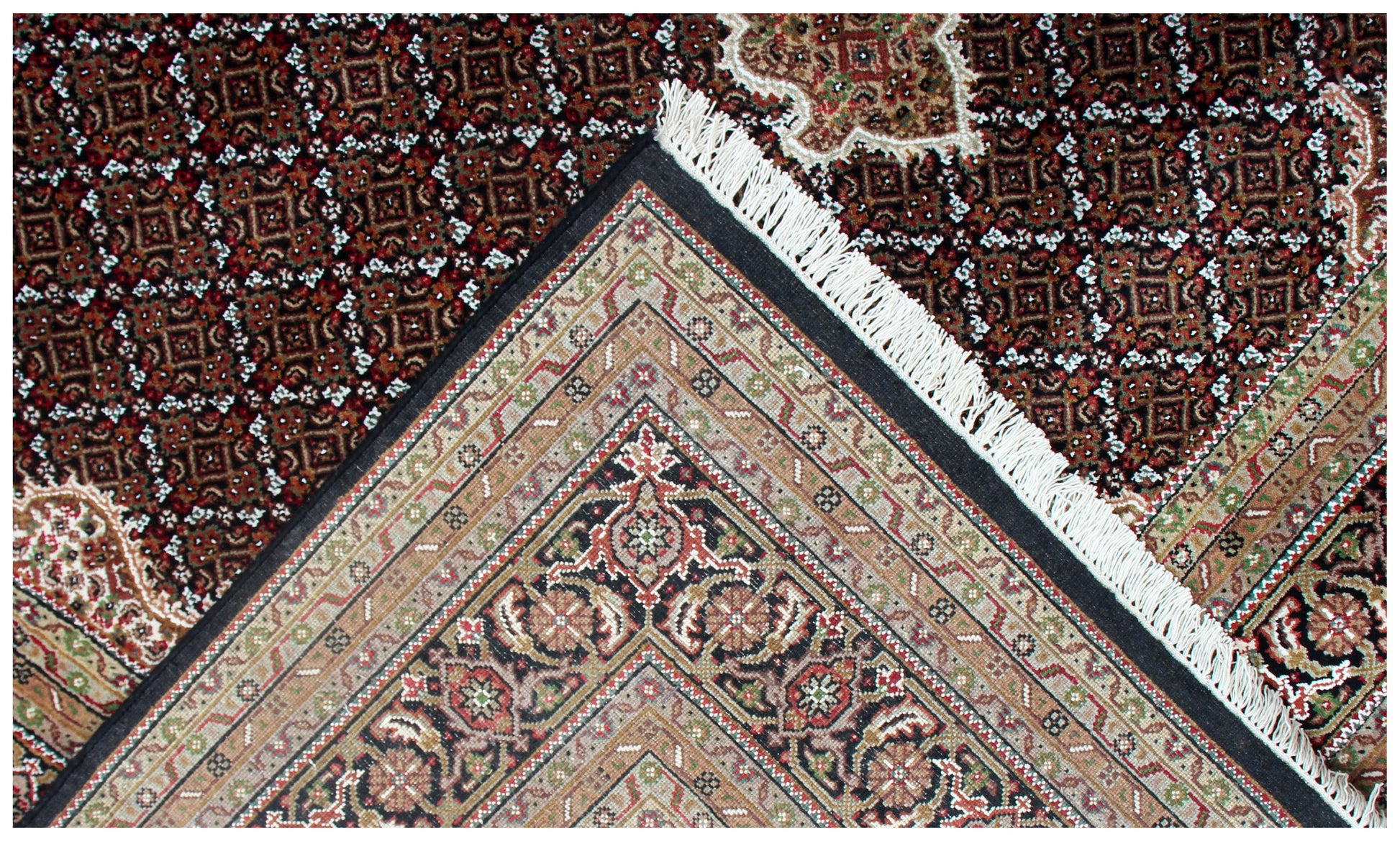 Custom made Fine Hand Knotted Premium look Gold, Brown, Black and Ivory Traditional Heriz medallion design wool area rug.