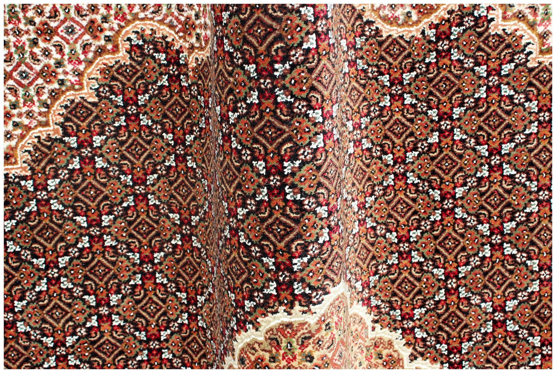 Custom made Fine Hand Knotted Premium look Gold, Brown, Black and Ivory Traditional Heriz medallion design wool area rug.
