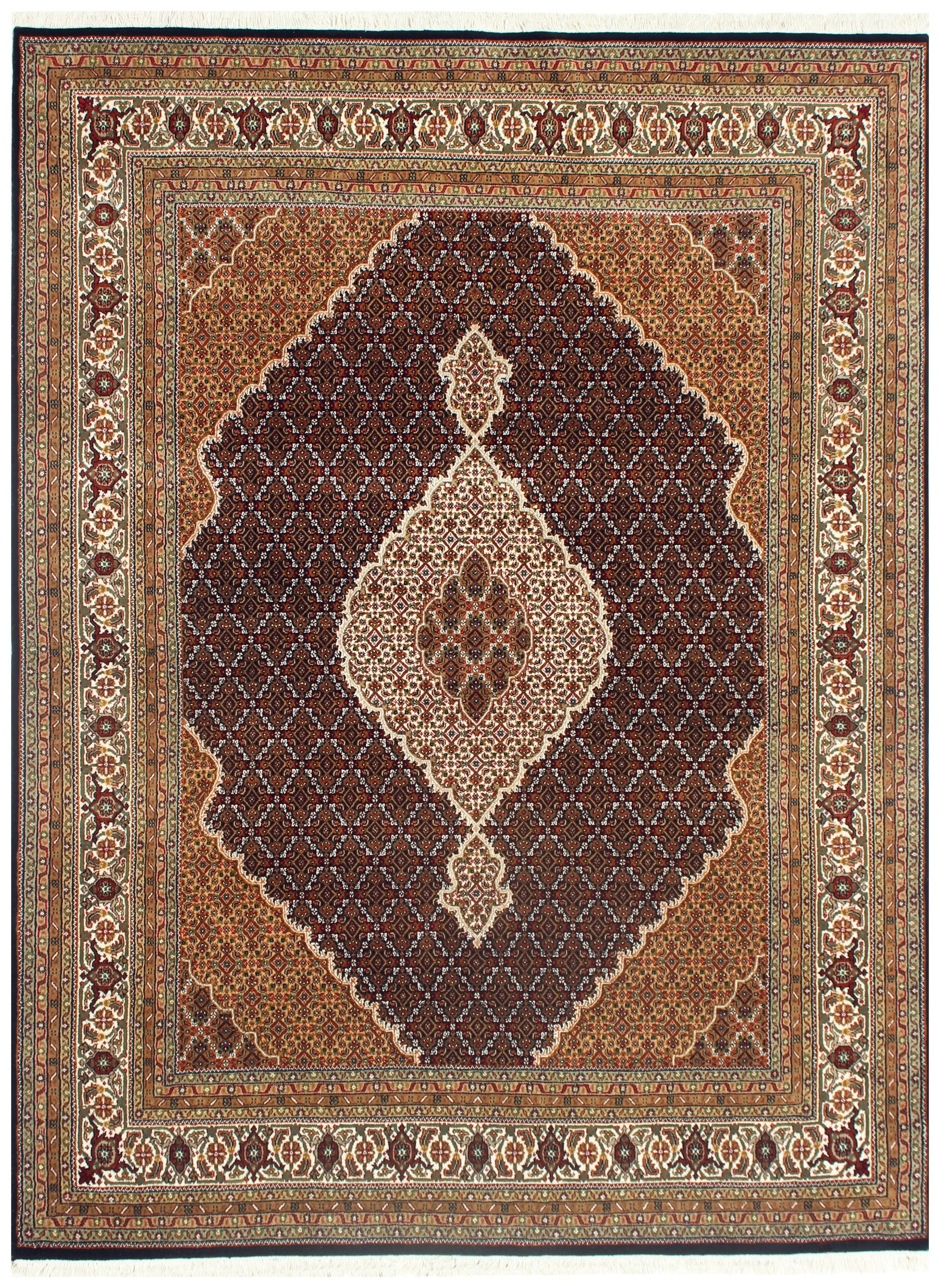 Ivory, Brown, Black and Gold premium look Fine Hand Knotted Traditional Heriz medallion design Custom made wool area rug.