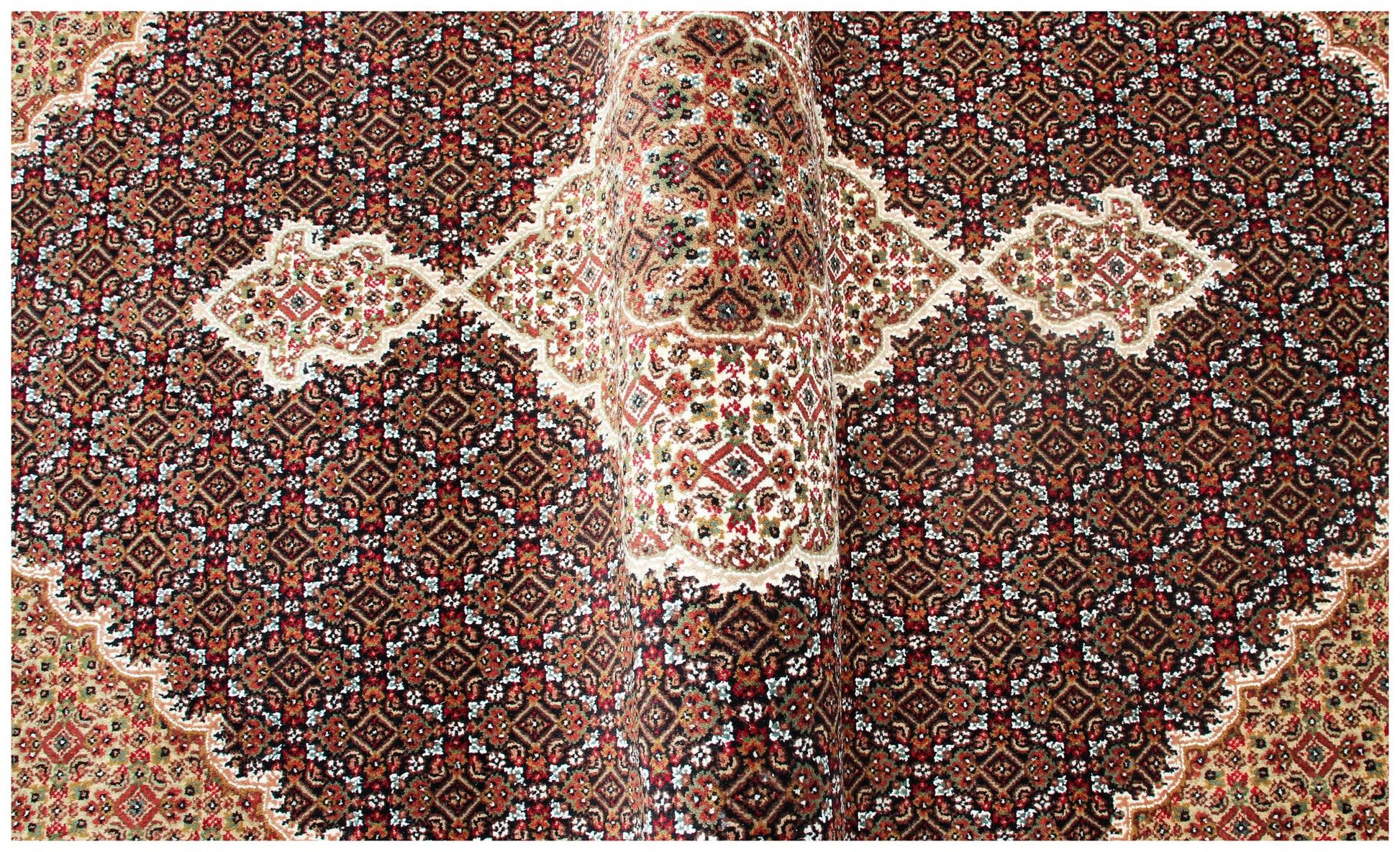 Ivory, Brown, Black and Gold premium look Fine Hand Knotted Traditional Heriz medallion design Custom made wool area rug.
