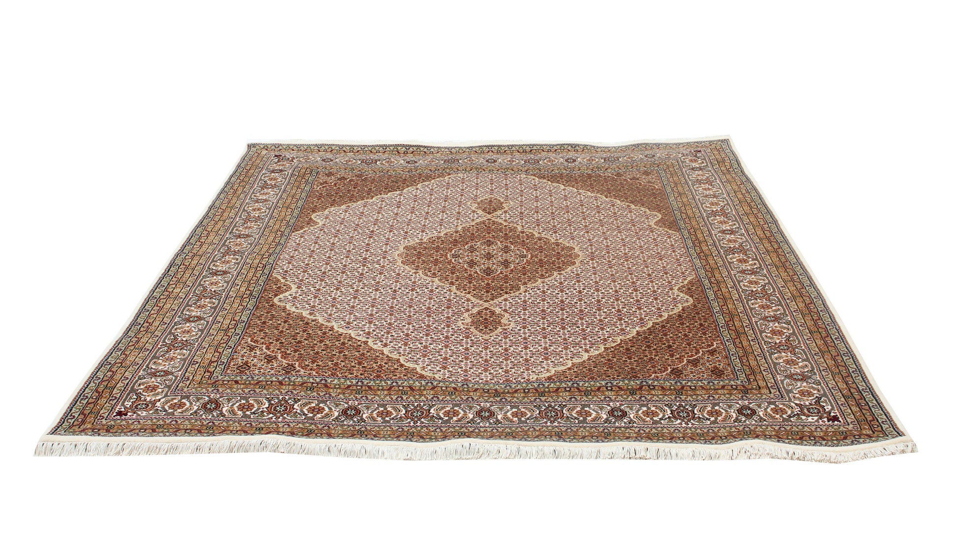 Fine Hand Knotted Premium look Brown Ivory and Gold Traditional Heriz medallion design multi size wool area rug.